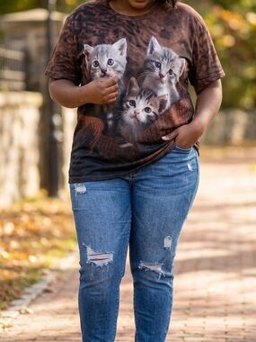 Adorable 3D Kitten Trio Graphic Tee - Size XXL